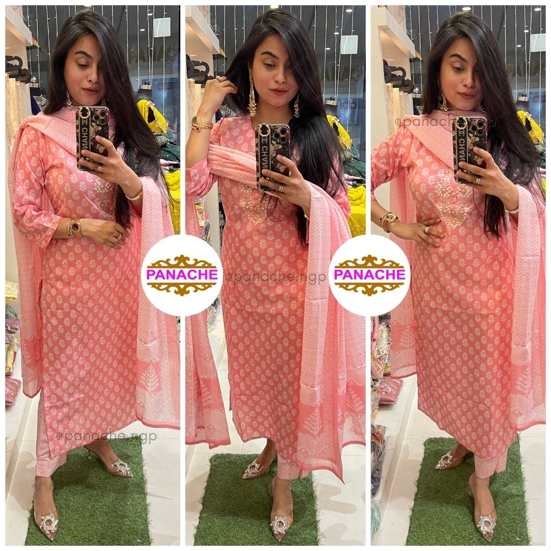 Pearl embroideries cotton kurta pant & dupatta set