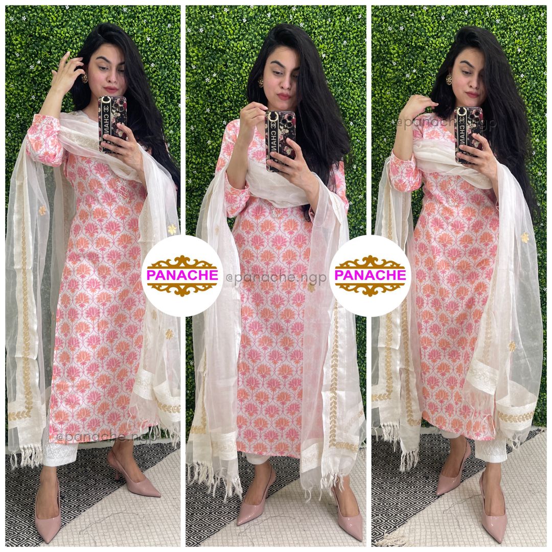 Printed cotton Kurtis with Lakhnavi pants & Organza gota dupatta