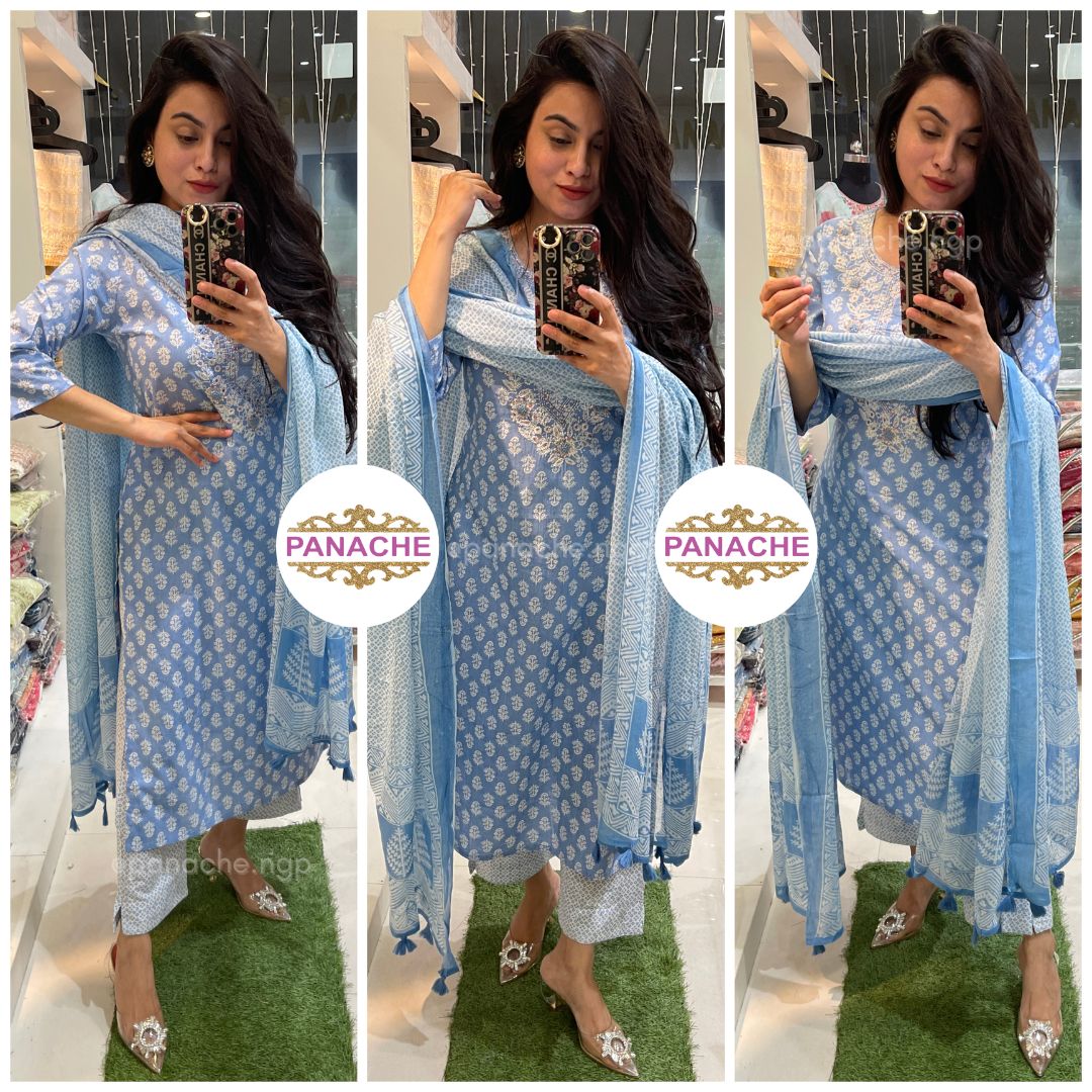 Powder Blue Mul Dupatta & Print on Print Kurta Pant Dupatta Set