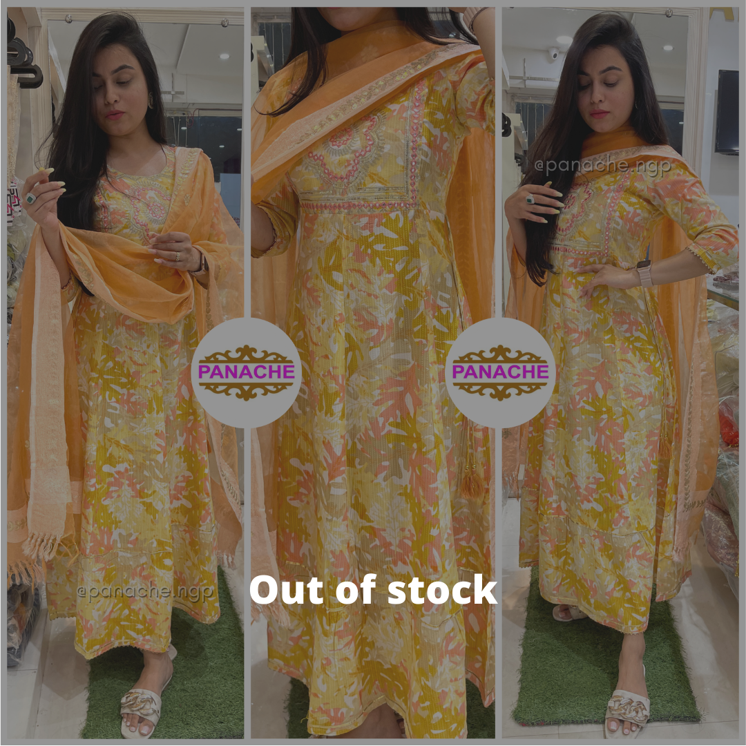 Lemon yellow cotton longline with Organza dupatta