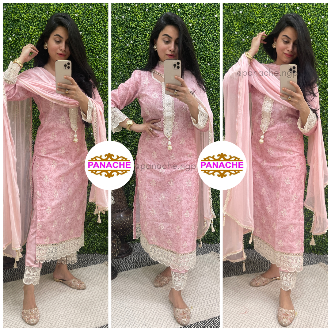 Self Print Cotton Kurta Pant Set