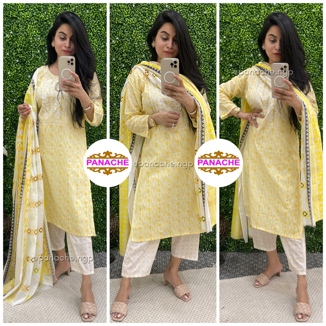 Karachi style cotton kurta pant and dupatta set