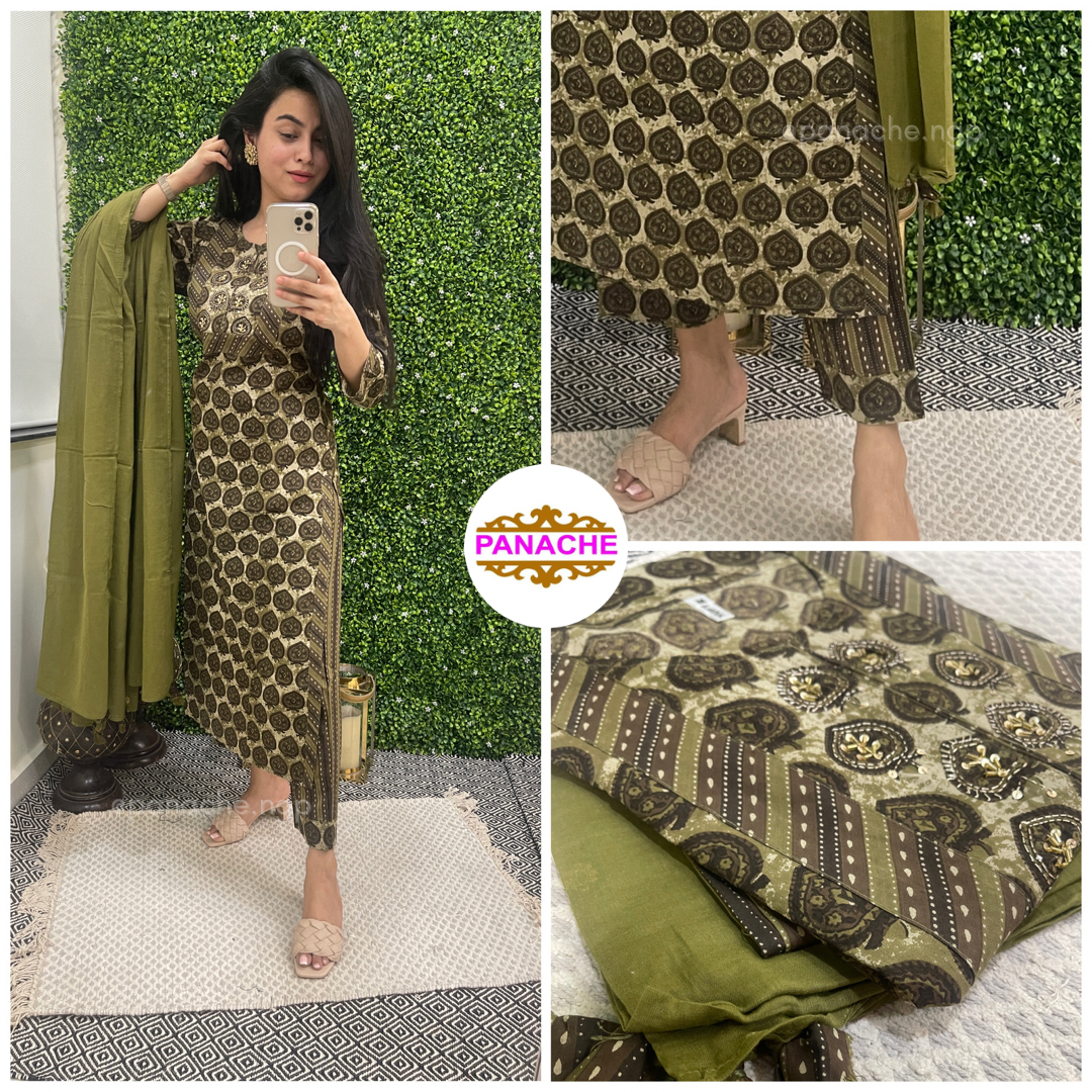 Olive 3 piece kurta pant dupatta set