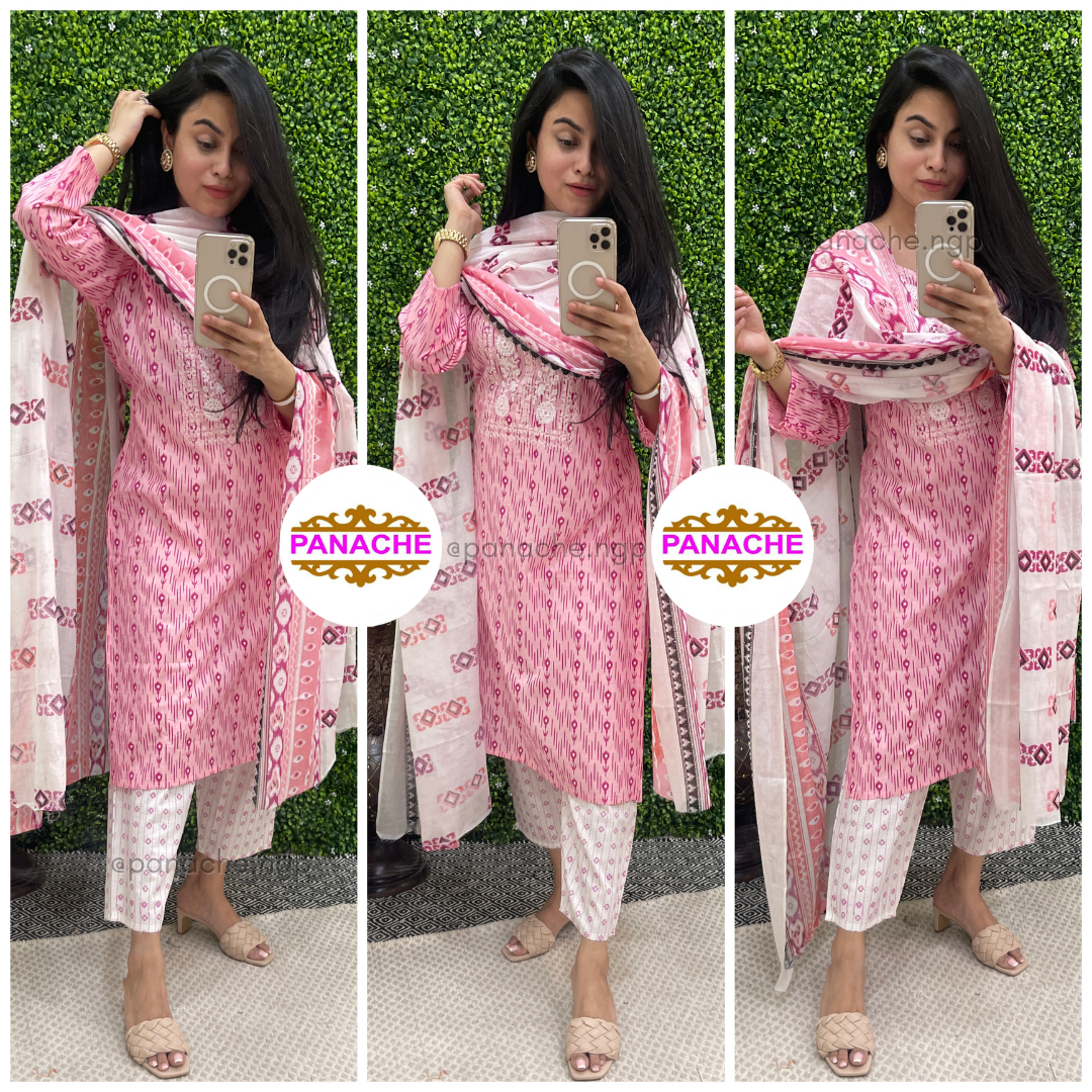Karachi style cotton kurta pant and dupatta set