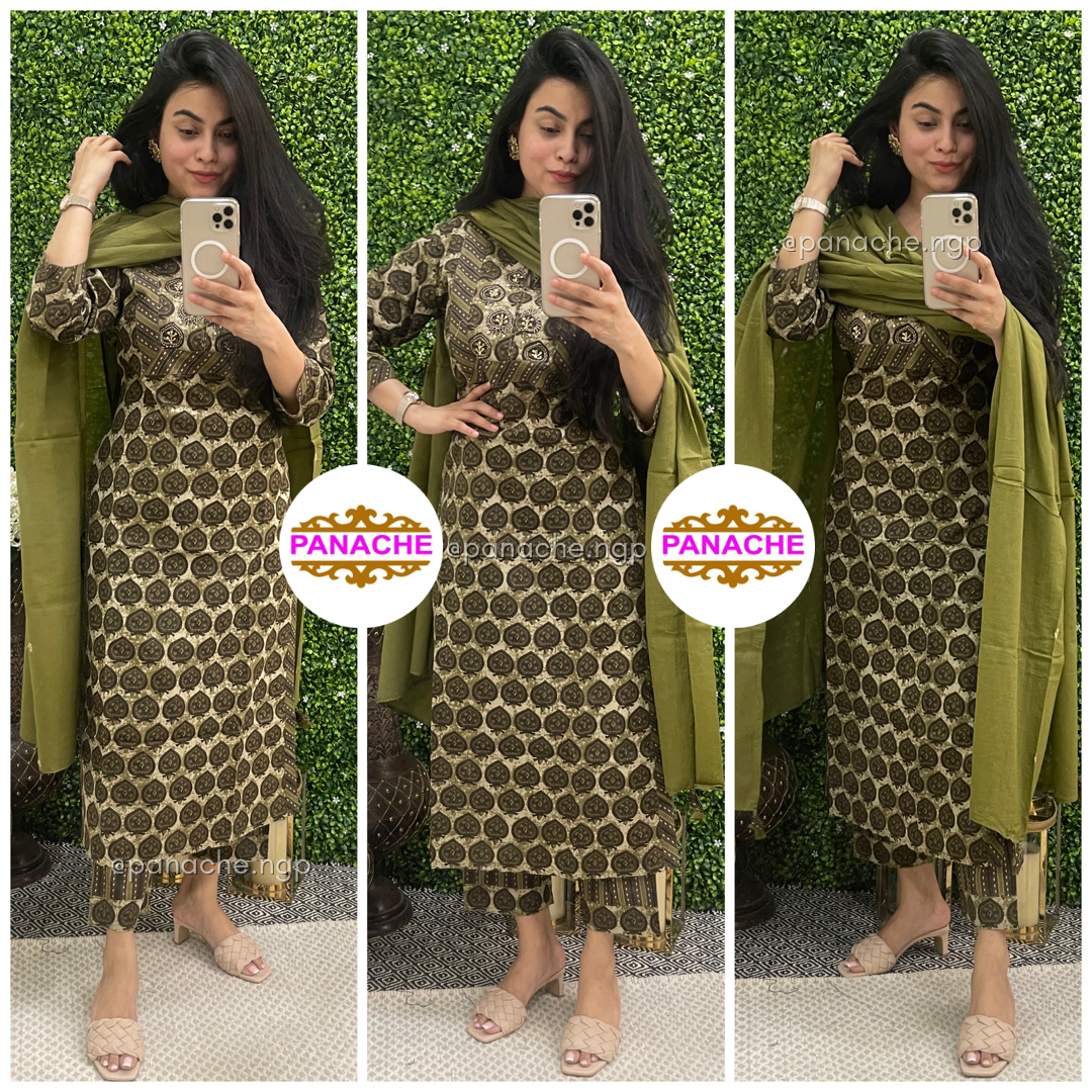 Olive 3 piece kurta pant dupatta set