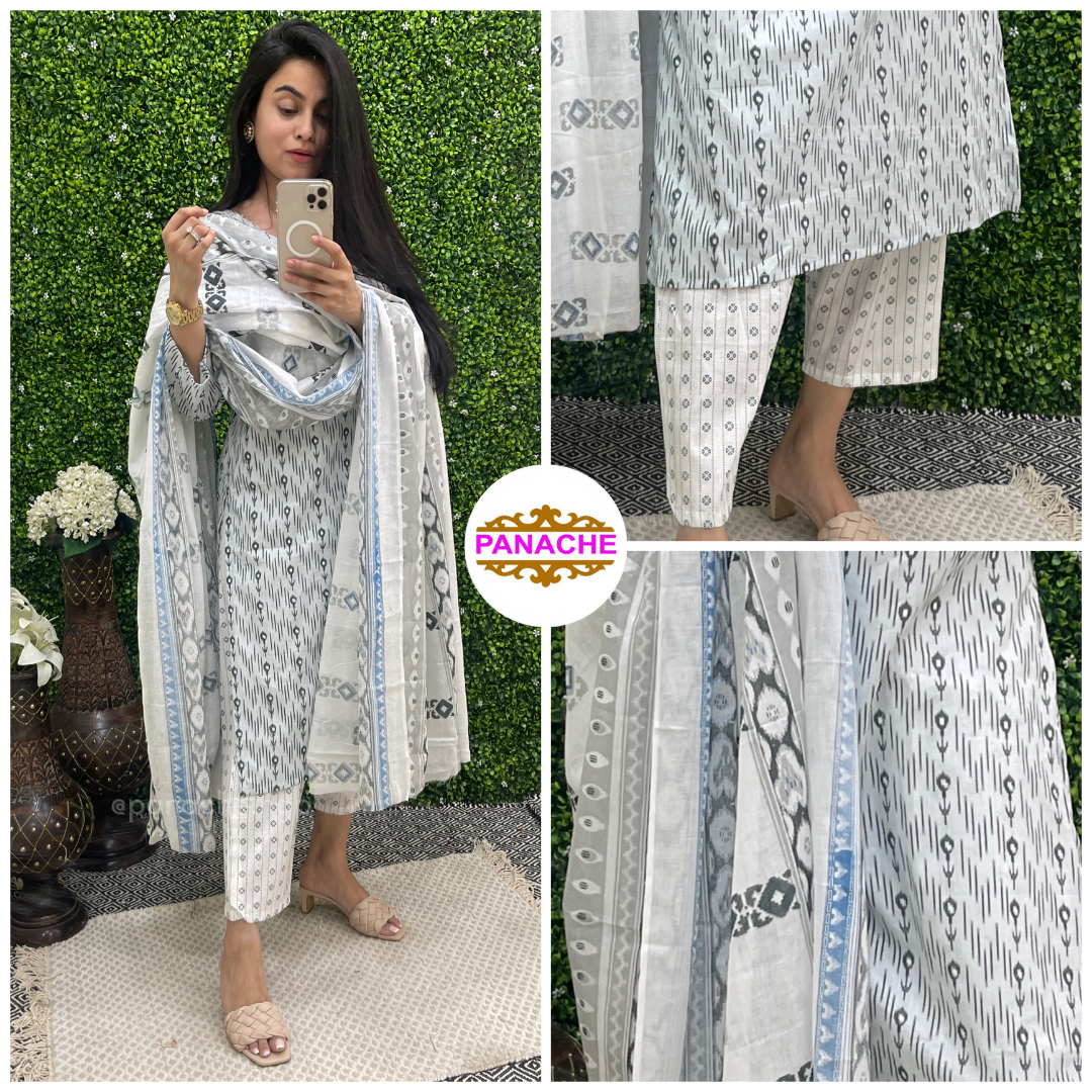 Karachi style cotton kurta pant and dupatta set