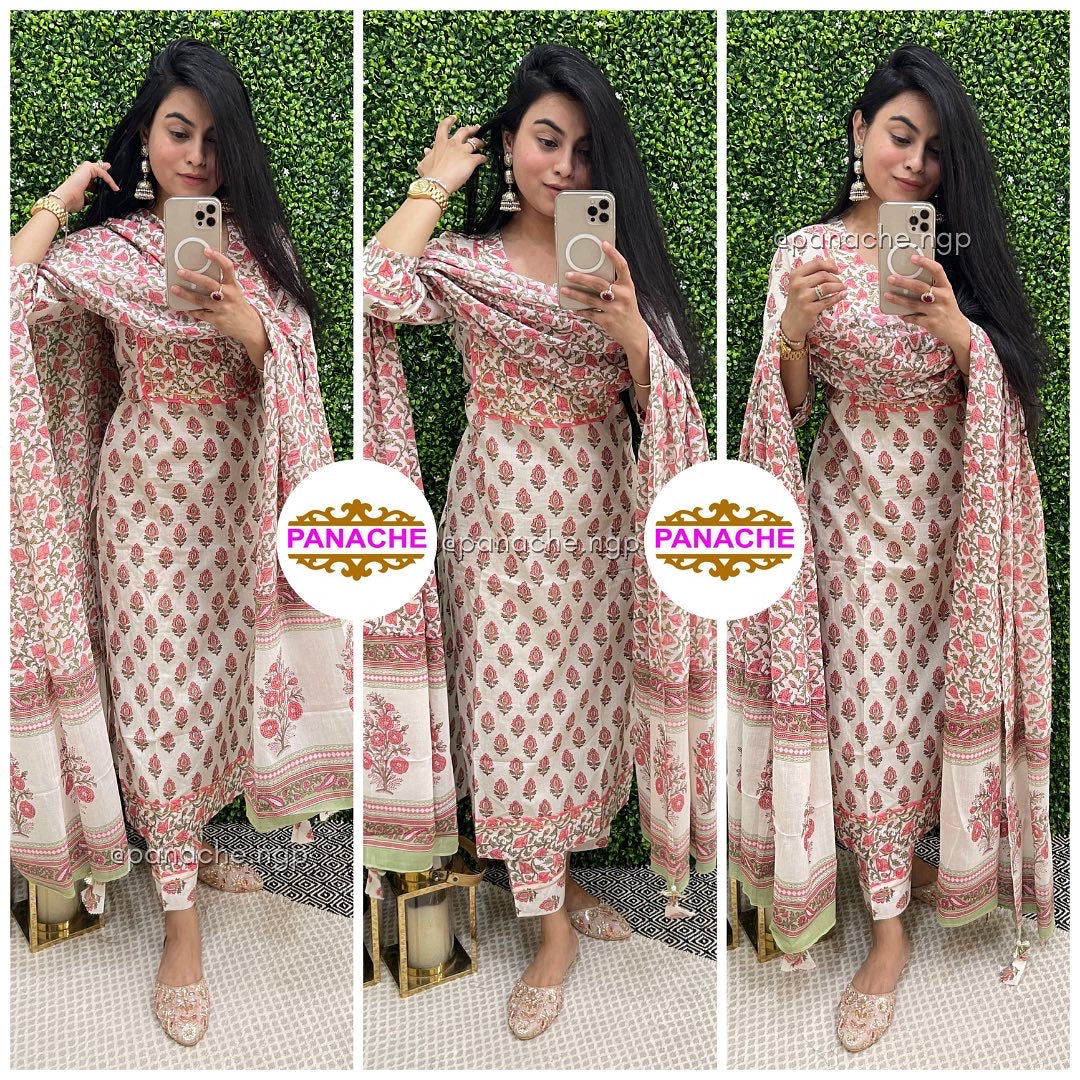 Print on print Floral cotton dupatta & pant set