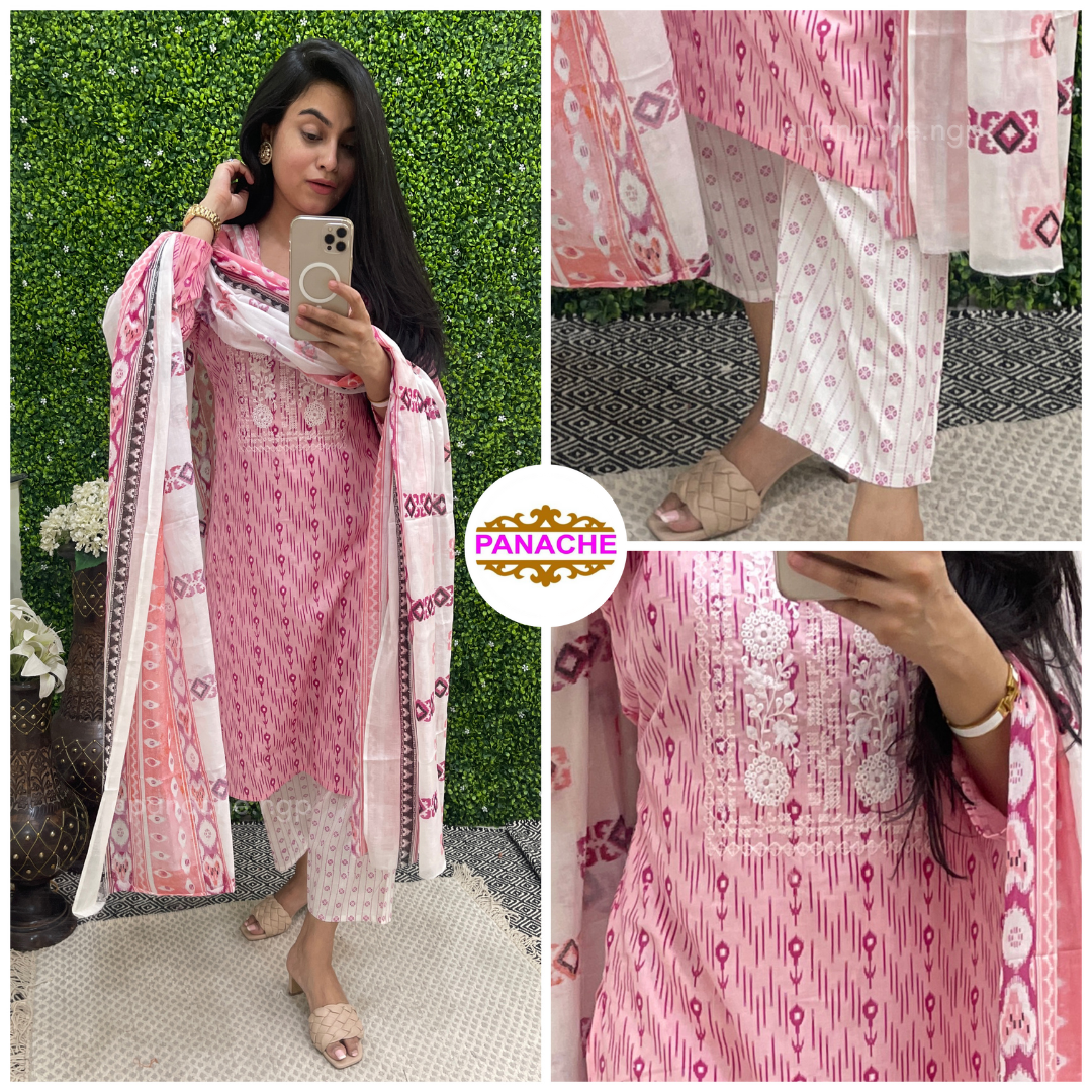 Karachi style cotton kurta pant and dupatta set